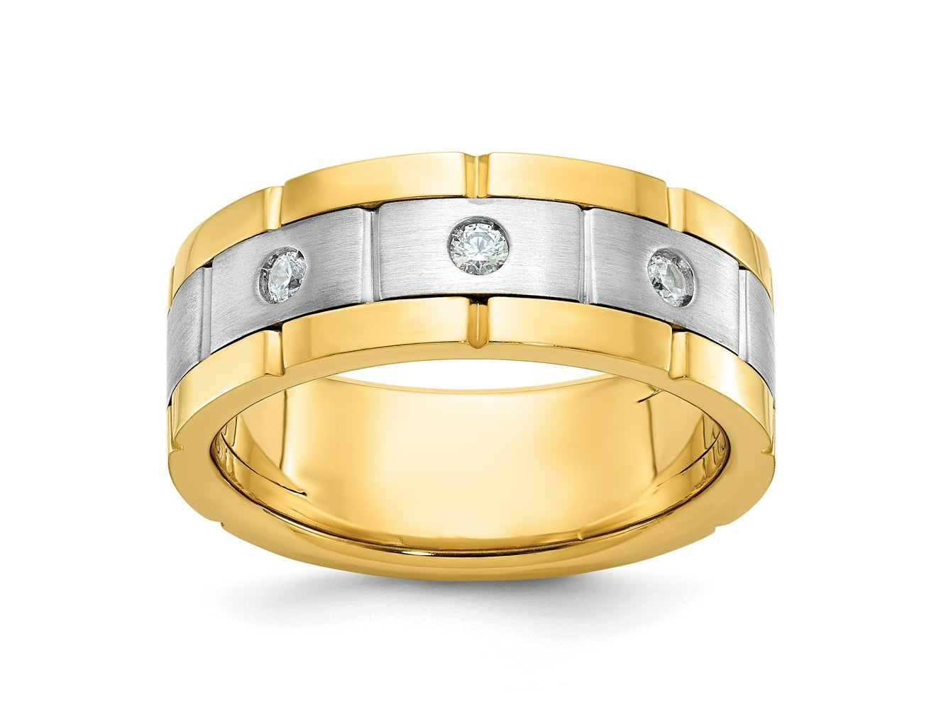 FJC Finejewelers 14 kt Two Tone Gold Men's Satin and Grooved 3-Stone Lab Grown Diamonds Ring 8 mm
