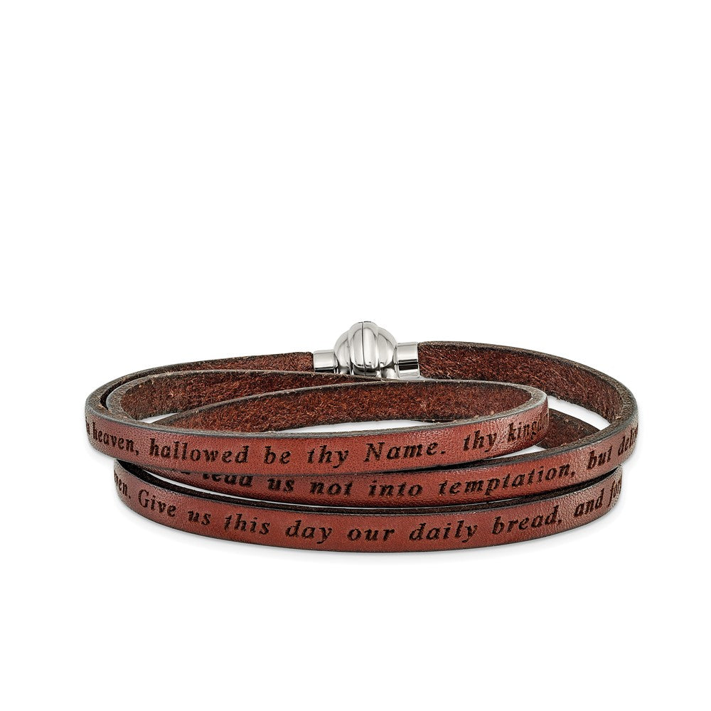 FJC Finejewelers Stainless Steel Lord's Prayer Brown Leather Wrap 22.25 Inch Bracelet 22.5 Inches x 5 mm