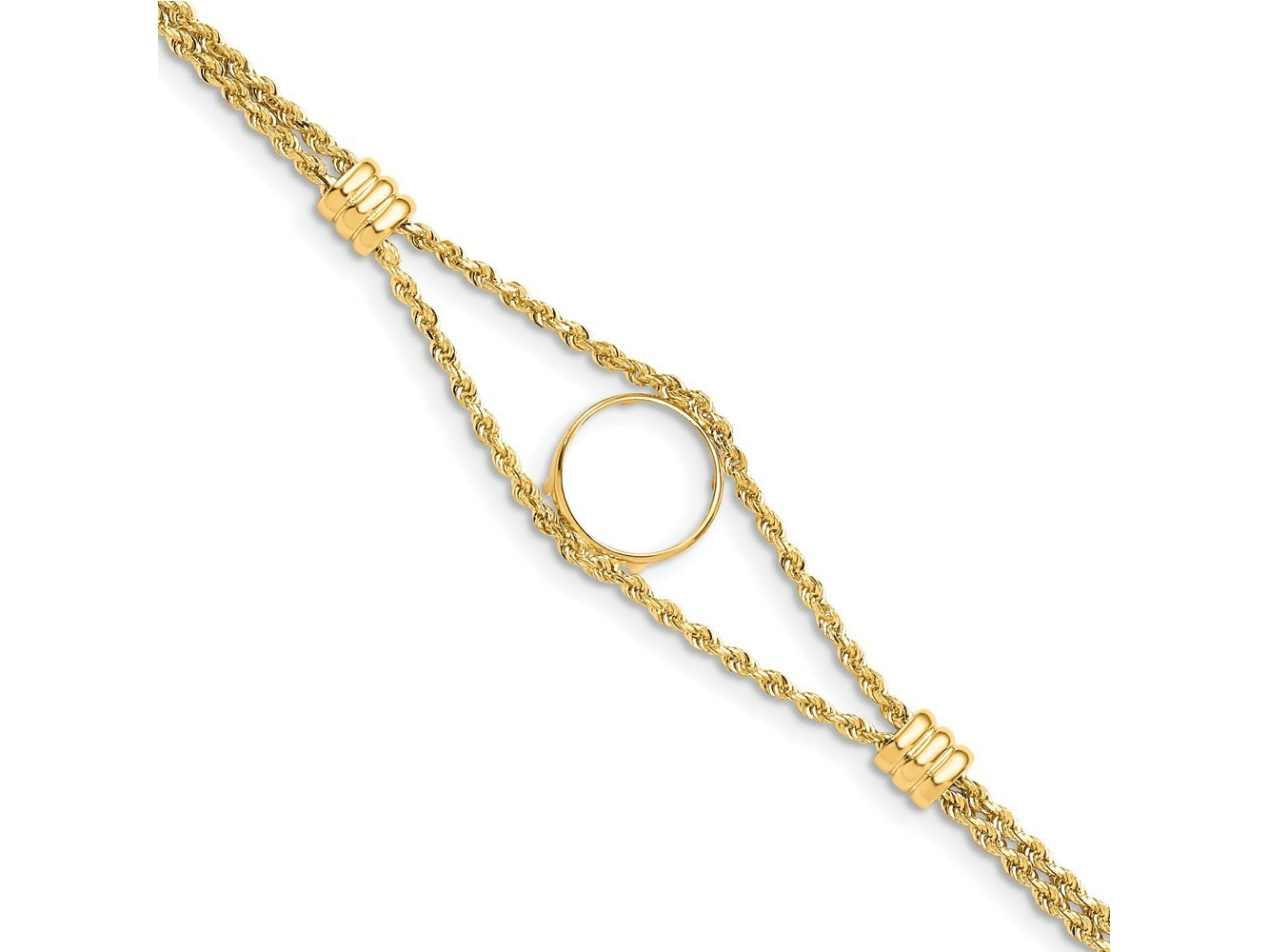FJC Finejewelers 14 kt Yellow Gold Rope Chain with 2 Stations 13.0mm Prong Coin Bezel Bracelet 7.25 Inches x 17.8 mm