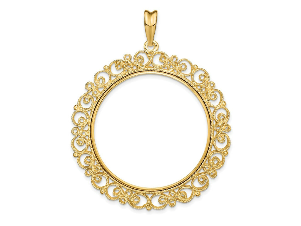 FJC Finejewelers 14 kt Yellow Gold and Textured Victorian 34.2mm Prong Coin Bezel Pendant