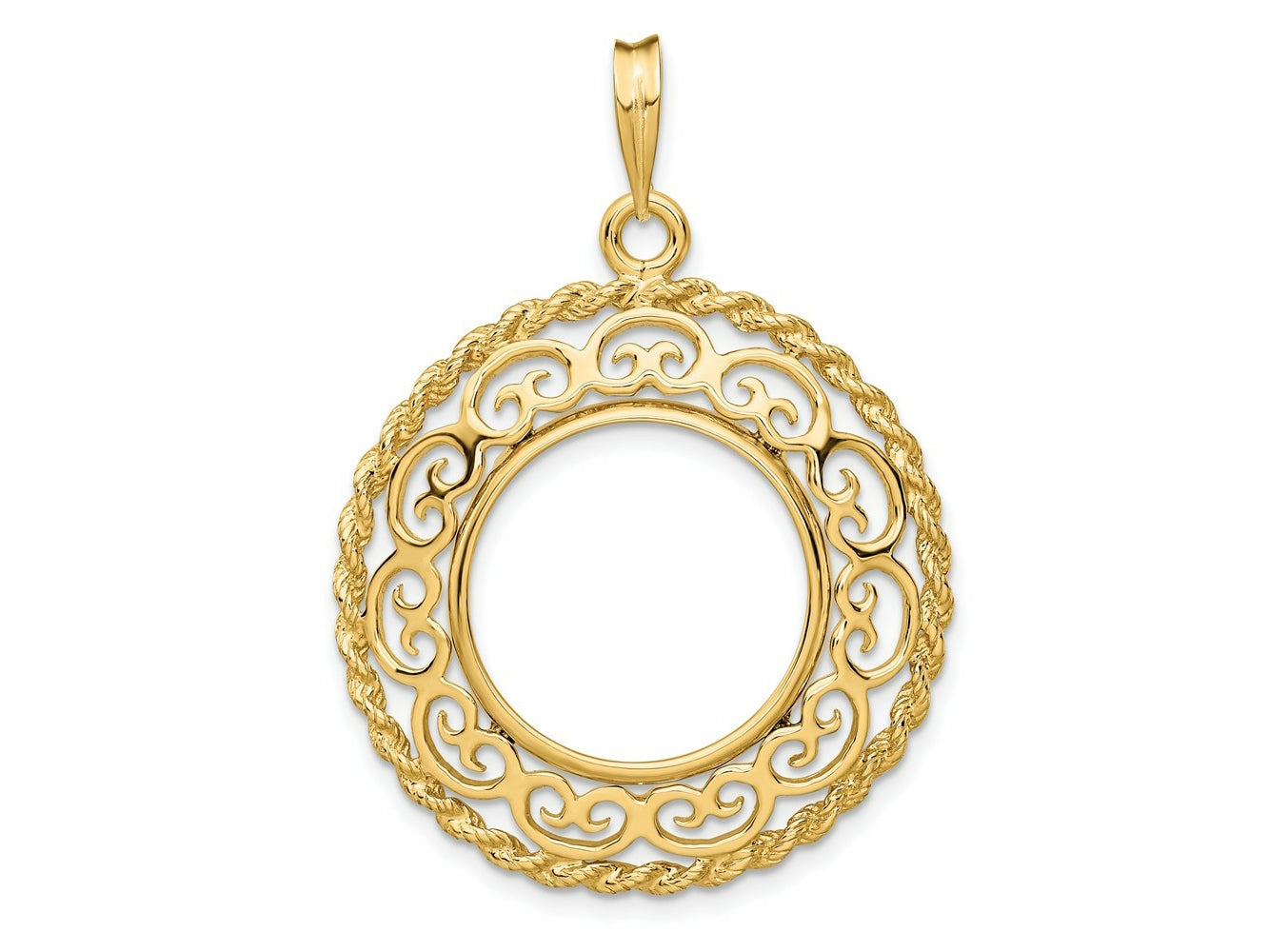 FJC Finejewelers 14 kt Yellow Gold Scroll Design with Rope Edge 17.8mm Prong Coin Bezel Pendant