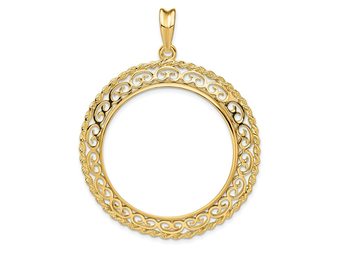 FJC Finejewelers 14 kt Yellow Gold Scroll Design with Rope Edge 32.7mm Prong Coin Bezel Pendant