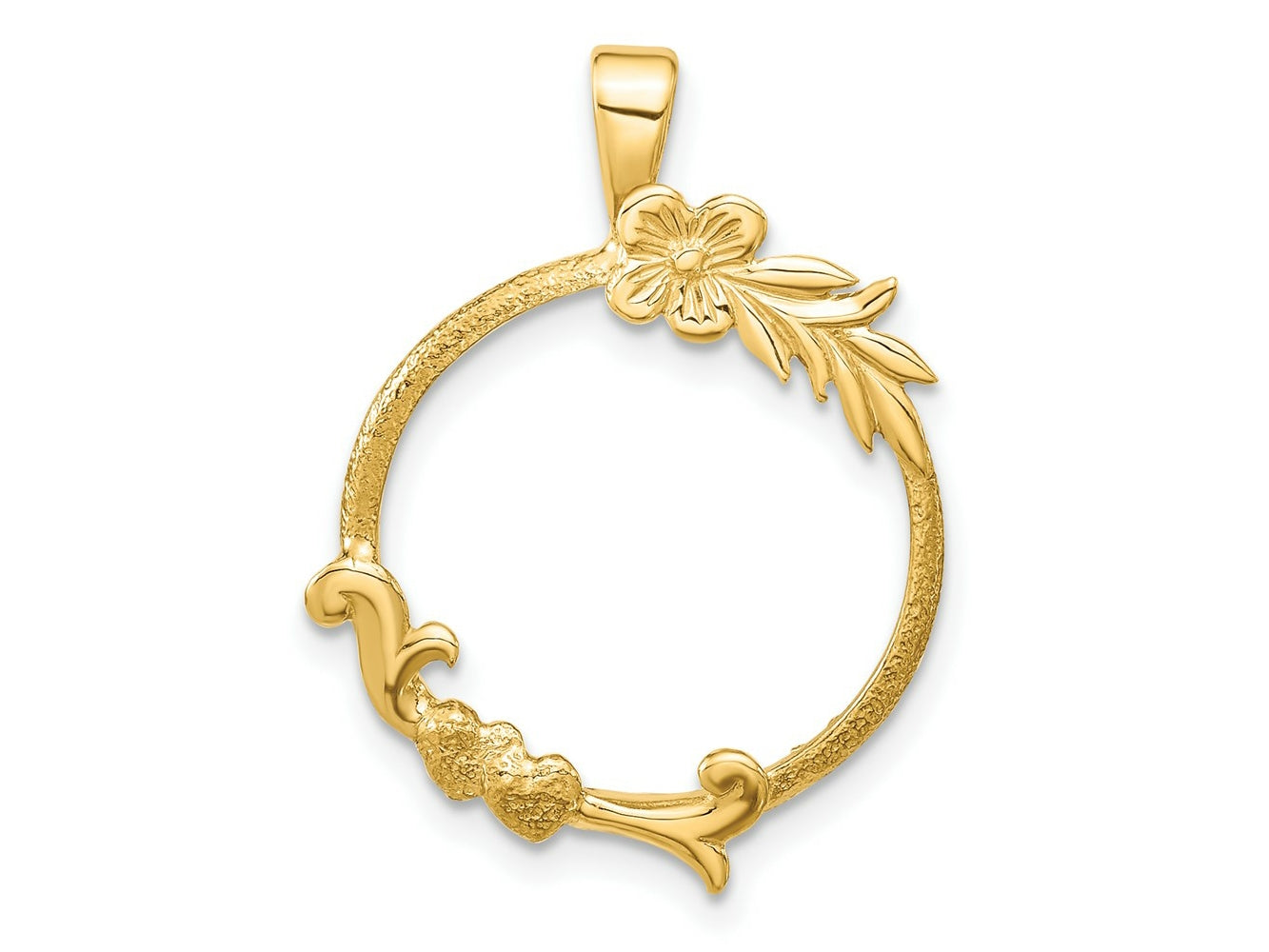 FJC Finejewelers 14 kt Yellow Gold and Satin Floral Design 16.5mm Prong Coin Bezel Pendant