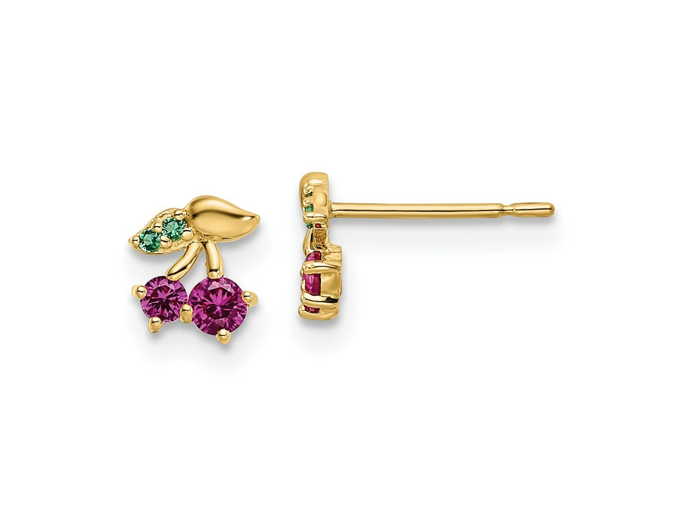 FJC Finejewelers 14 kt Yellow Gold Button Madi K Red CZ and Green Glass Cherry Post Earrings 6 mm x 5 mm