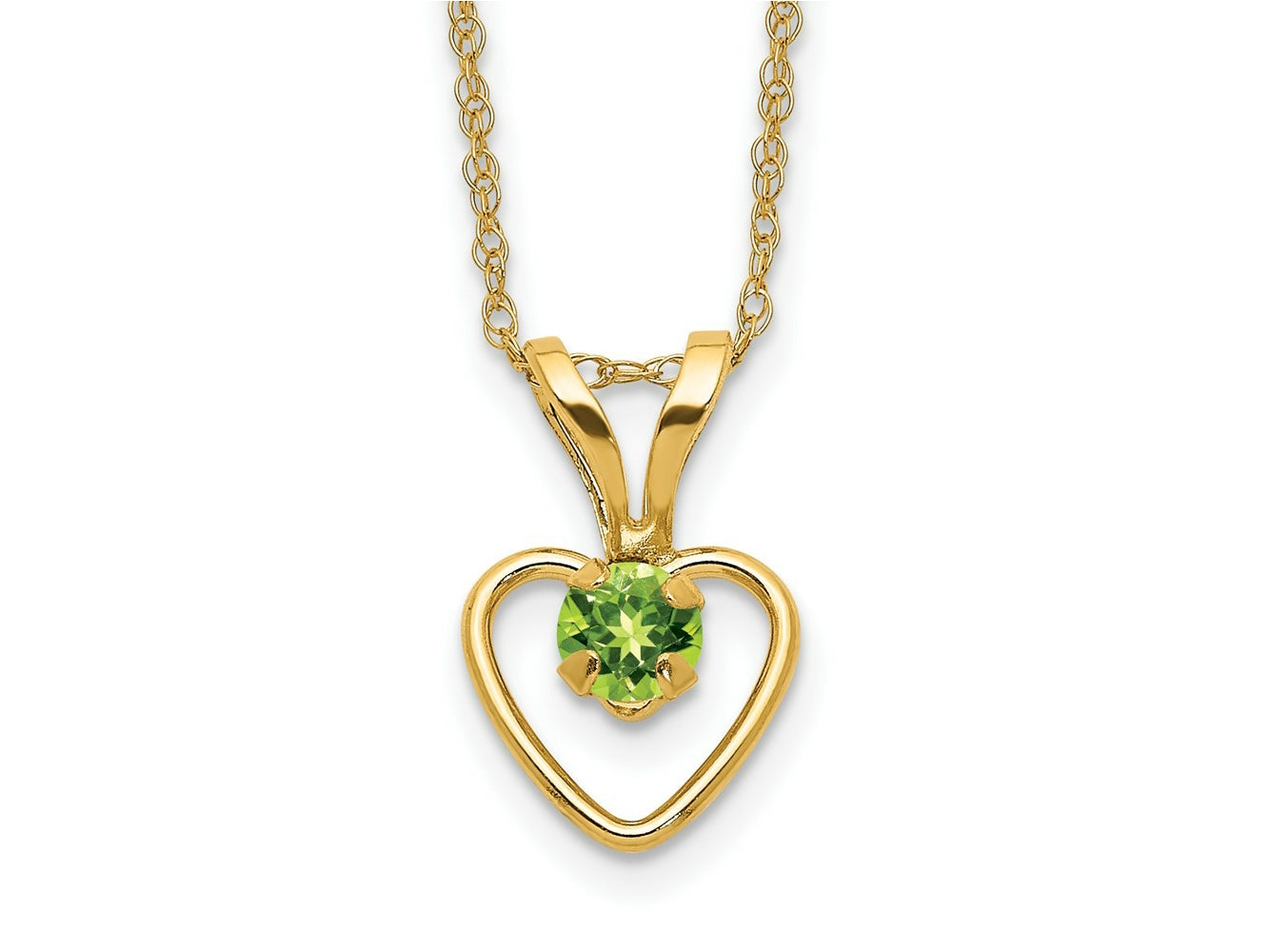 FJC Finejewelers 14 kt Yellow Gold Rope Madi K 3mm Peridot Heart Birthstone Necklace 15 Inches x 7 mm