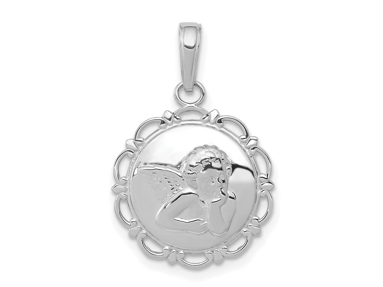 FJC Finejewelers 14 kt White Gold Polished Angel/Cherub on Round Scallop Frame Charm 23.75 mm x 15.95 mm
