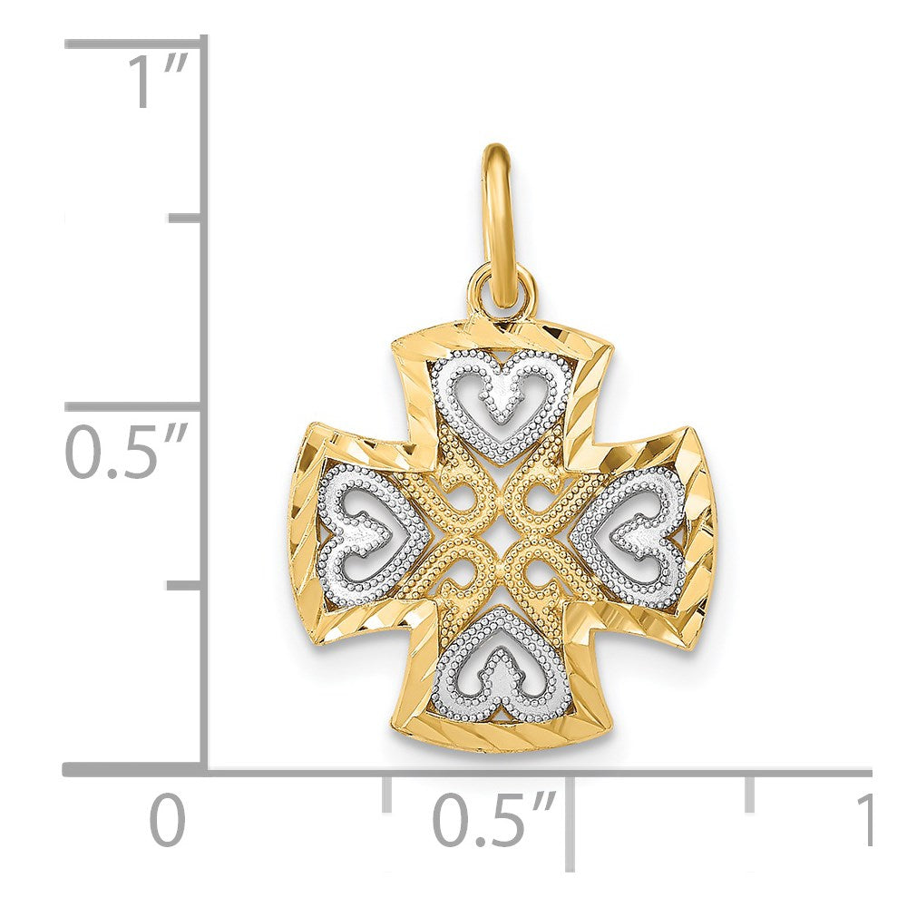 FJC Finejewelers 14 kt Yellow Gold with Rhodium Hearts and Bright Cut Maltese Cross Charm 17 x 15 mm