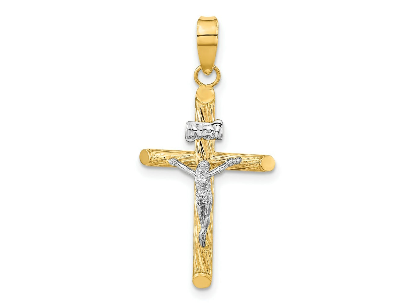 FJC Finejewelers 14 kt Yellow Gold with White Rhodium Textured INRI Crucifix Cross Charm 32 x 16 mm
