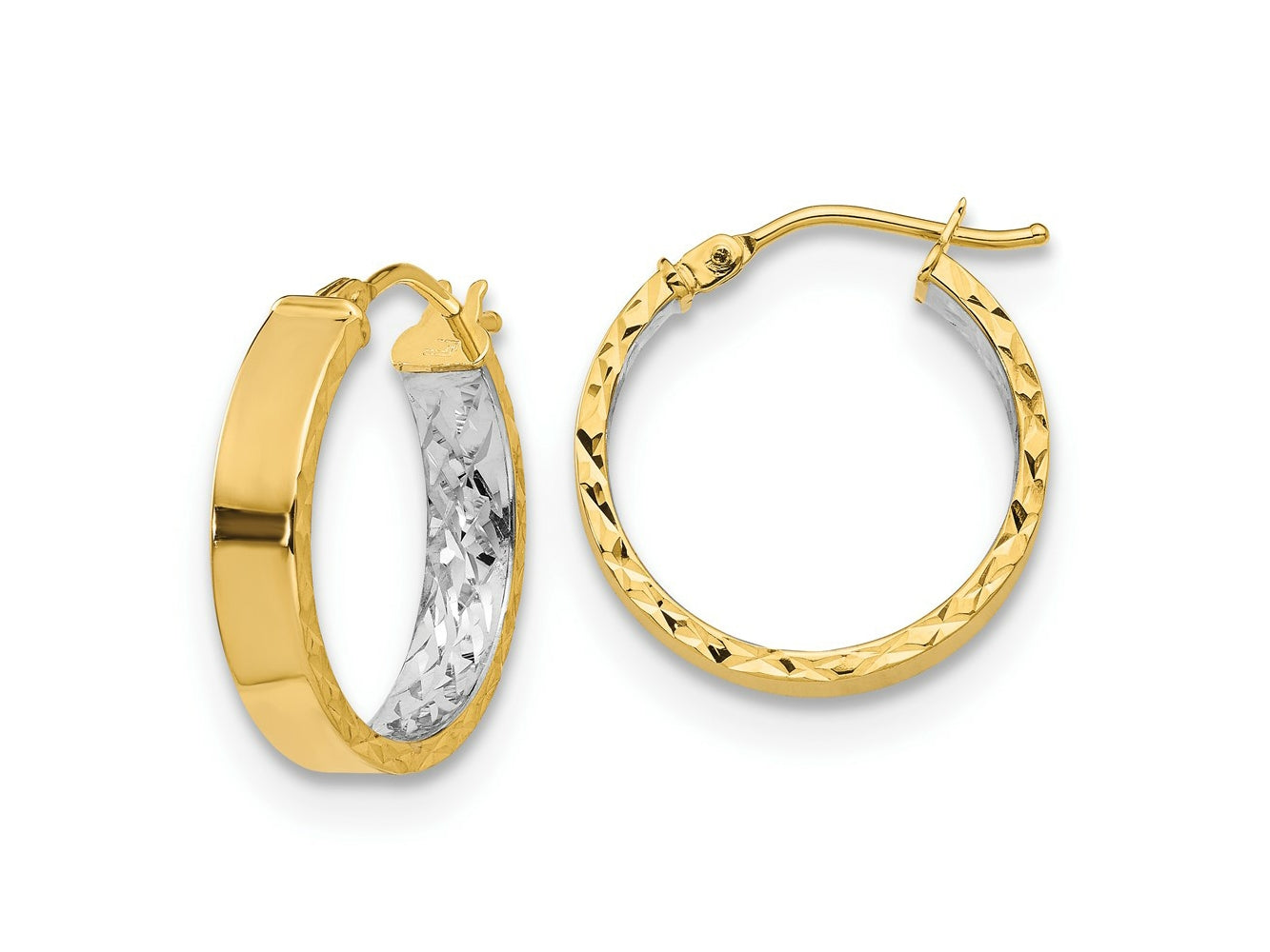 FJC Finejewelers 14 kt Yellow Gold and White Rhodium Polished and Bright Cut Hoop Earrings 19 mm x 3 mm