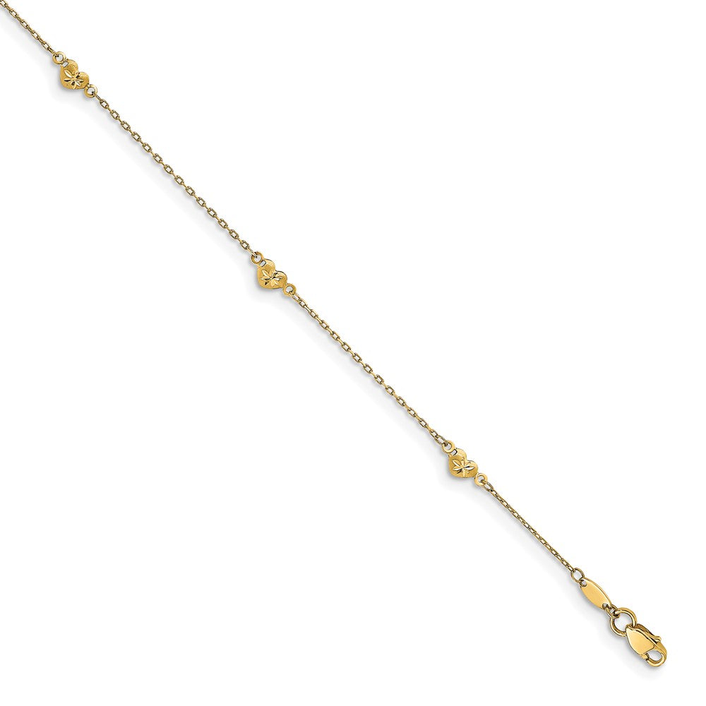 FJC Finejewelers 14 kt Yellow Gold Cable and Bright Cut Heart with 1in ext. Anklet 9 Inches x 1 mm