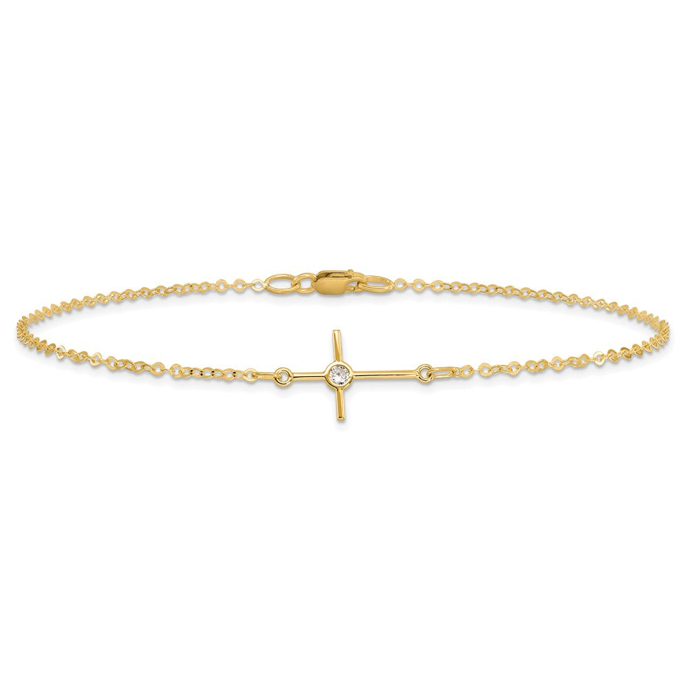 FJC Finejewelers 14 kt Yellow Gold Cable Polished CZ Cross Anklet 10 Inches x 12 mm