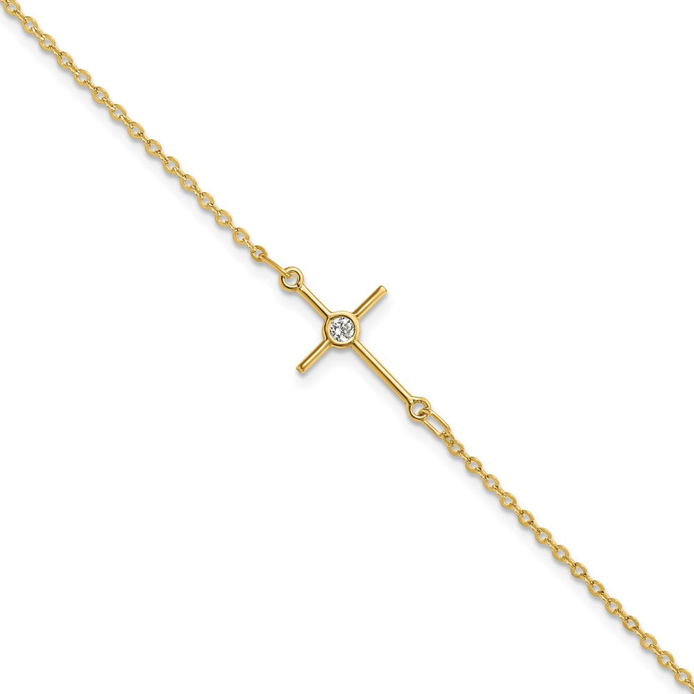FJC Finejewelers 14 kt Yellow Gold Cable Polished CZ Cross 1in ext. Bracelet 7 Inches x 7.25 mm