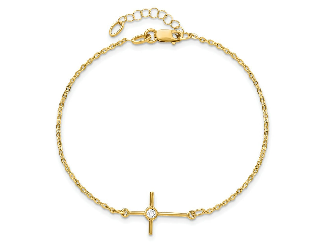 FJC Finejewelers 14 kt Yellow Gold Cable Polished CZ Cross 1in ext. Bracelet 7 Inches x 7.25 mm