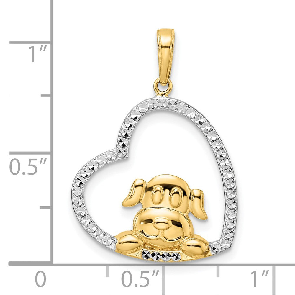 FJC Finejewelers 14 kt Yellow Gold and White Rhodium Bright Cut Puppy in Heart Charm 27 x 19 mm
