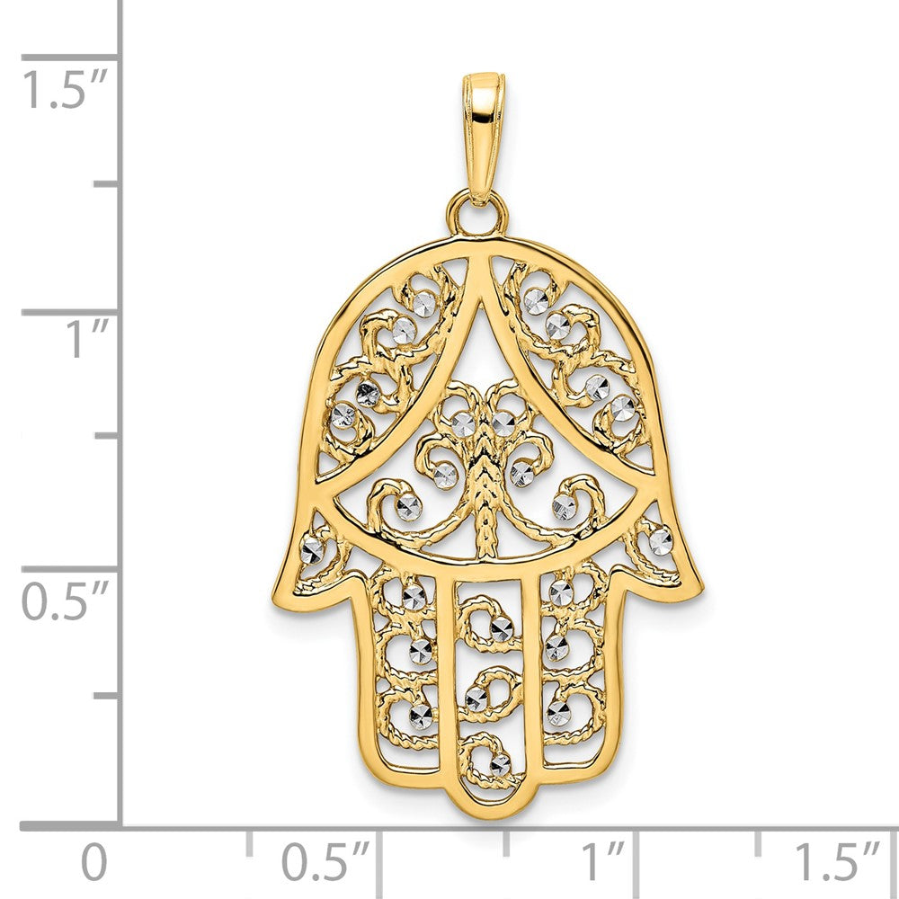 FJC Finejewelers 14 kt Yellow Gold and White Rhodium Bright Cut Filigree Hamsa Charm 37 x 21 mm