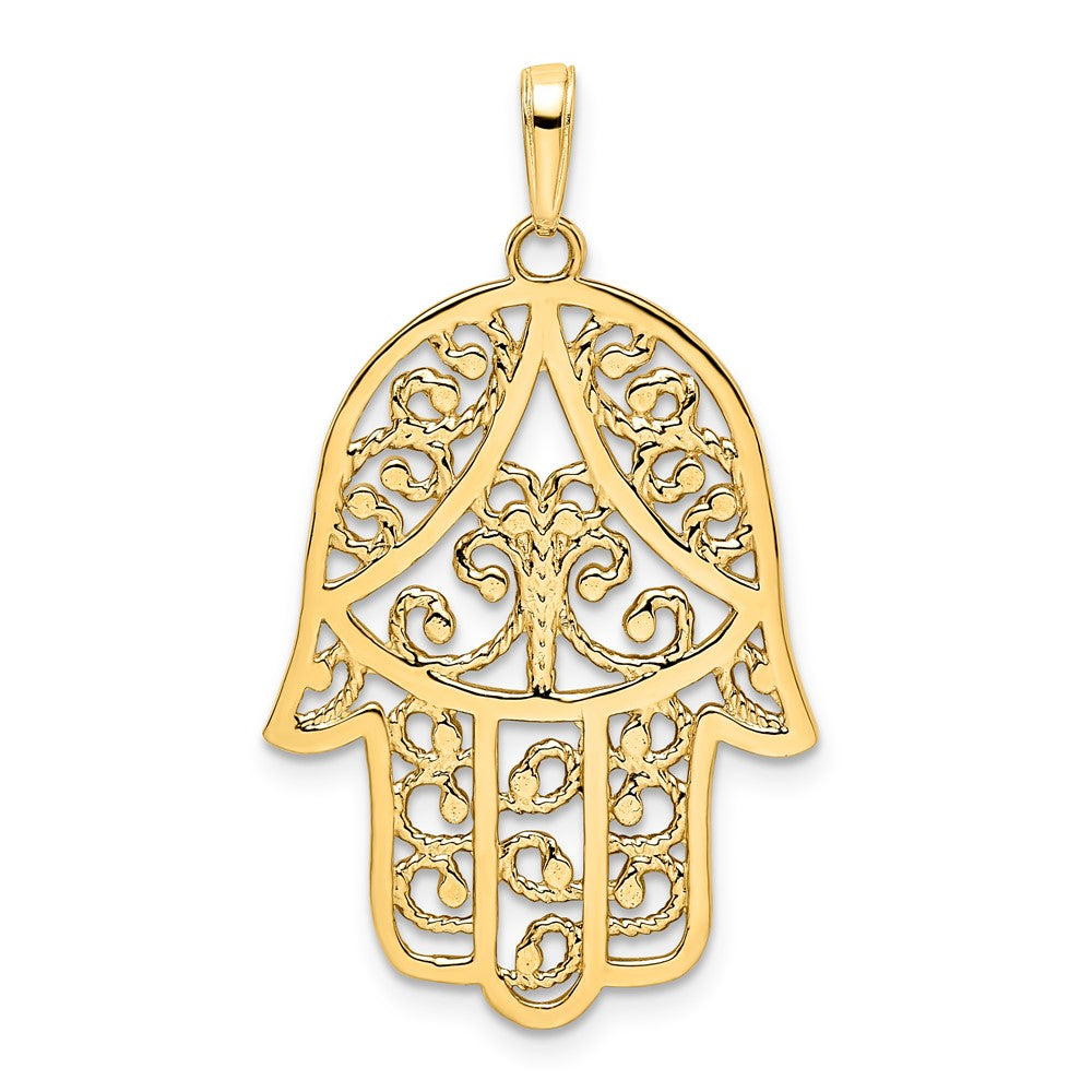 FJC Finejewelers 14 kt Yellow Gold and White Rhodium Bright Cut Filigree Hamsa Charm 37 x 21 mm