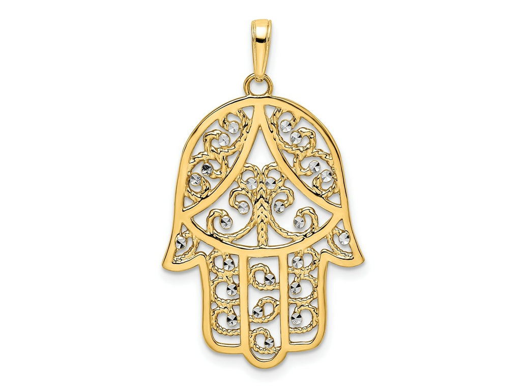 FJC Finejewelers 14 kt Yellow Gold and White Rhodium Bright Cut Filigree Hamsa Charm 37 x 21 mm