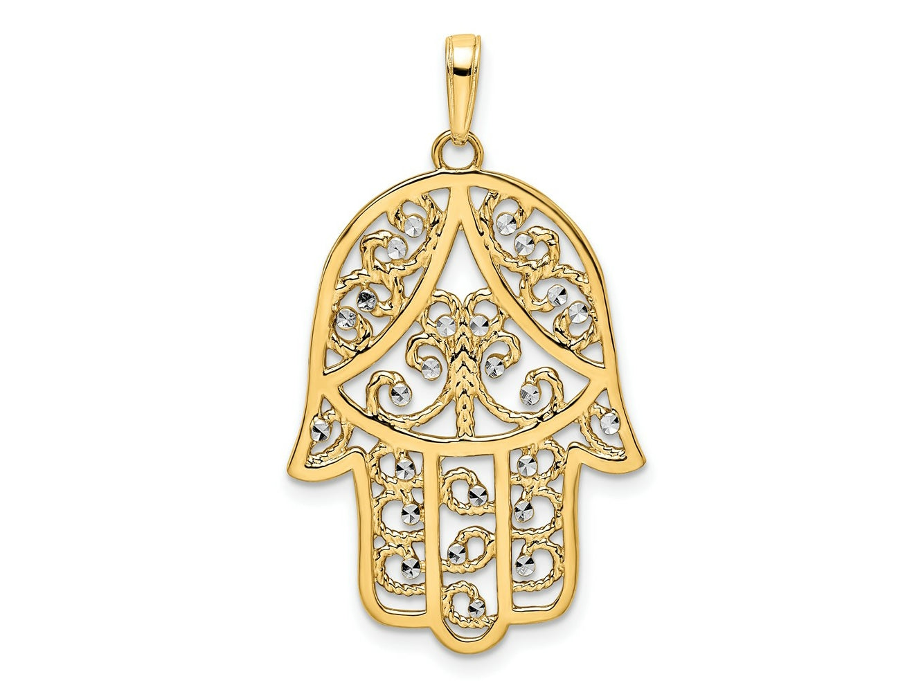 FJC Finejewelers 14 kt Yellow Gold and White Rhodium Bright Cut Filigree Hamsa Charm 37 x 21 mm