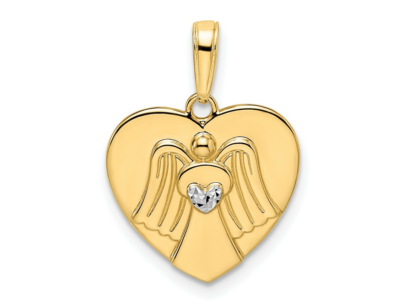 FJC Finejewelers 14 kt Yellow Gold and White Rhodium Bright Cut Angel on Heart Charm 21 x 15 mm