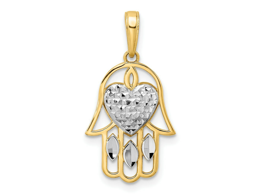 FJC Finejewelers 14 kt Yellow Gold and White Rhodium Bright Cut Heart Hamsa Charm 25 x 13 mm