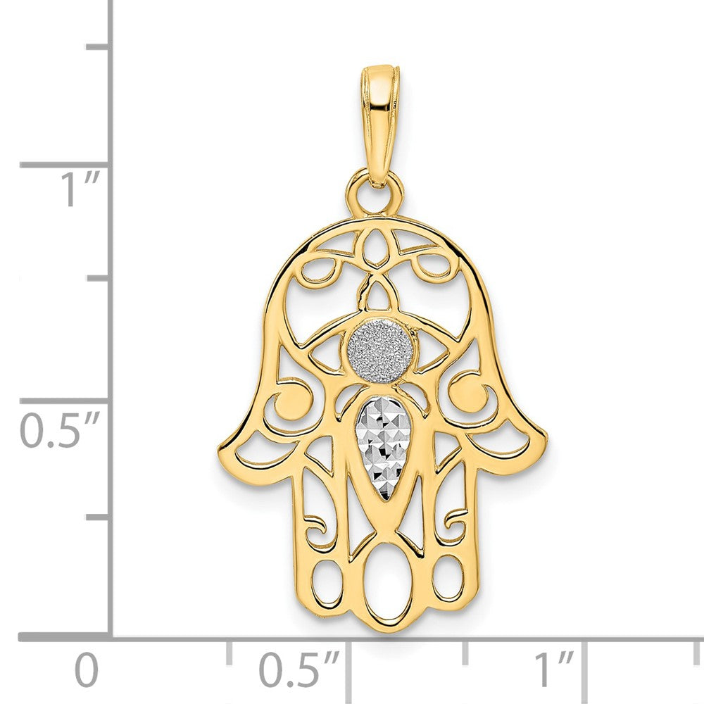 FJC Finejewelers 14 kt Yellow Gold and White Rhodium Bright Cut Evil Eye Hamsa Charm 30 x 17 mm