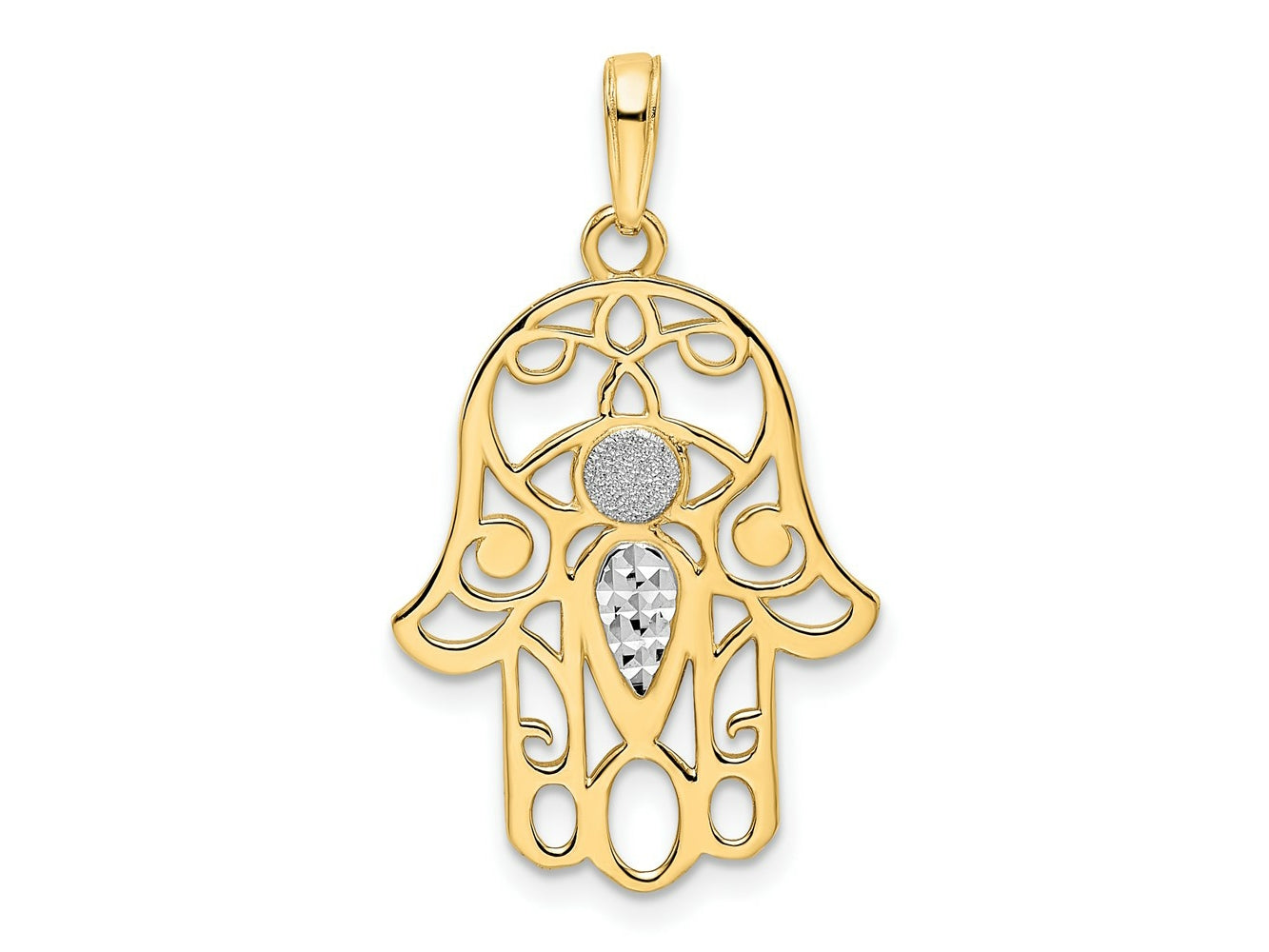 FJC Finejewelers 14 kt Yellow Gold and White Rhodium Bright Cut Evil Eye Hamsa Charm 30 x 17 mm