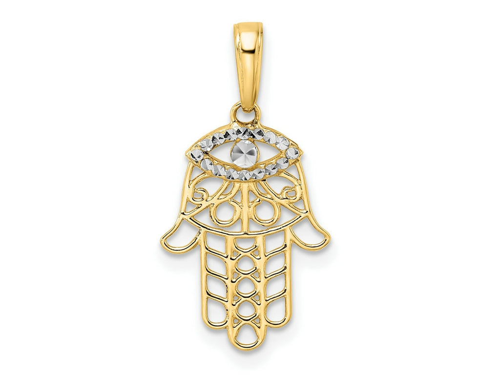FJC Finejewelers 14 kt Yellow Gold and White Rhodium Bright Cut Evil Eye Hamsa Charm 25 x 13 mm