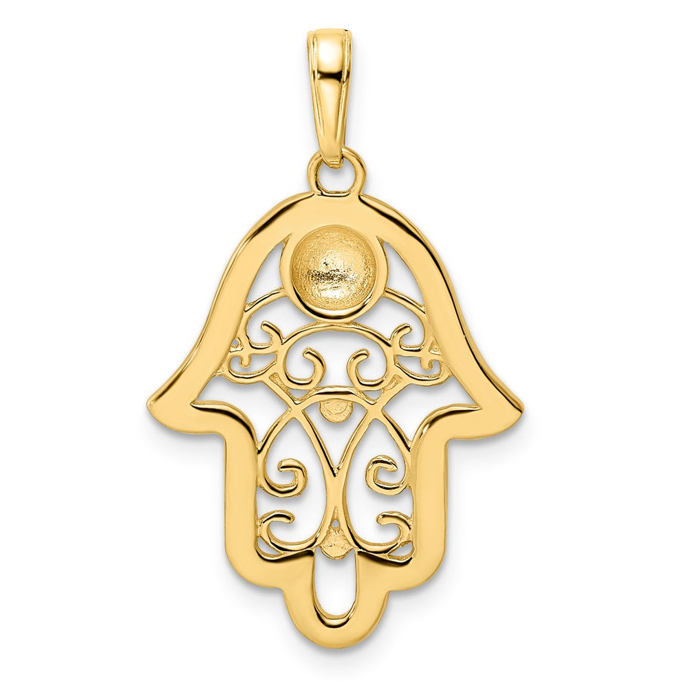 FJC Finejewelers 14 kt Yellow Gold and White Rhodium Bright Cut Evil Eye Filigree Hamsa Charm 30 x 18 mm