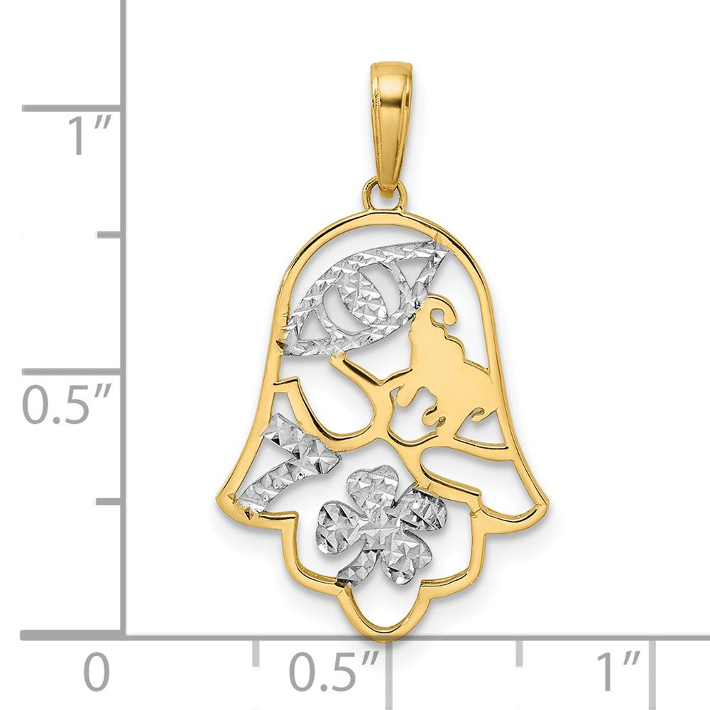 FJC Finejewelers 14 kt Yellow Gold and White Rhodium Bright Cut Good Luck Symbols on Hamsa Charm 28 x 16 mm