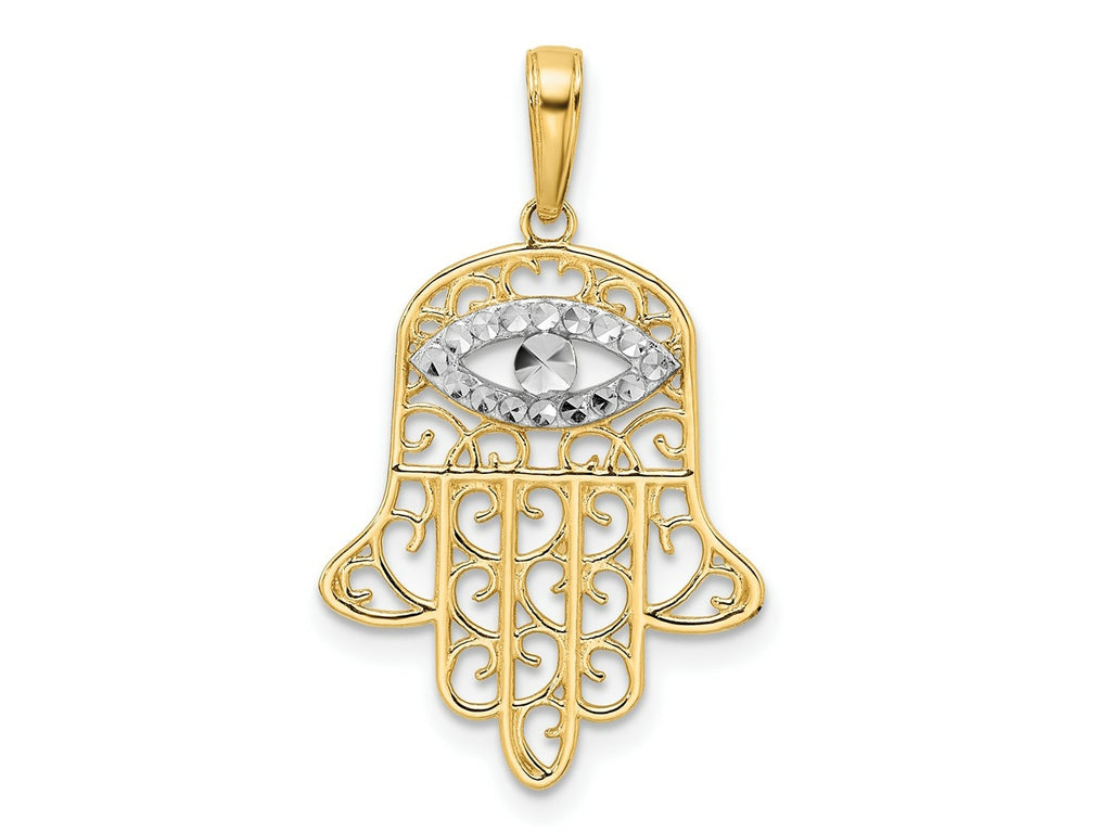 FJC Finejewelers 14 kt Yellow Gold and White Rhodium Bright Cut Filigree Evil Eye Hamsa Charm 29 x 17 mm