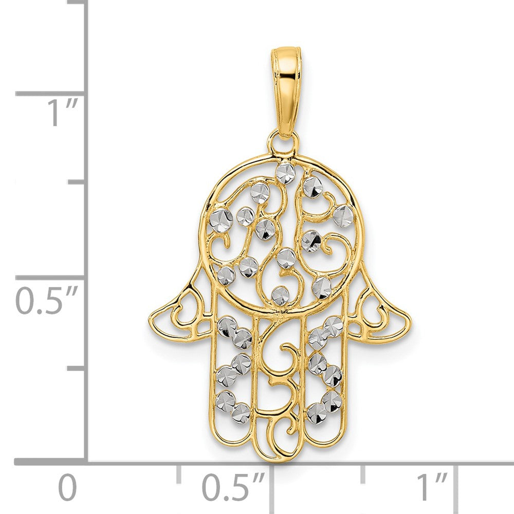 FJC Finejewelers 14 kt Yellow Gold and White Rhodium Bright Cut Fancy Hamsa Charm 30 x 18 mm