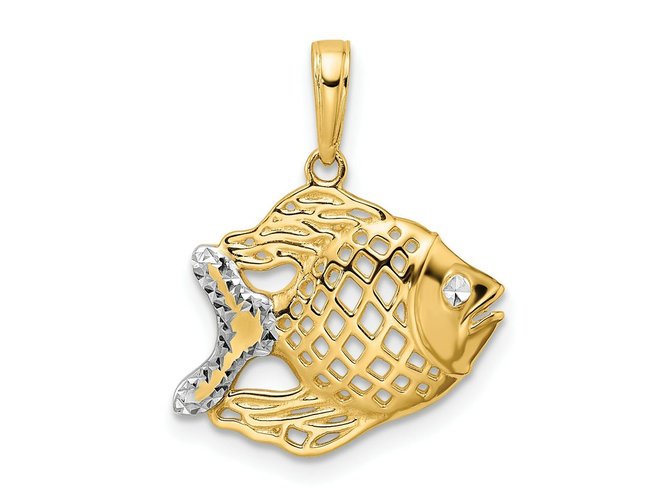FJC Finejewelers 14 kt Yellow Gold and White Rhodium Bright Cut Fish Charm 21 x 18 mm