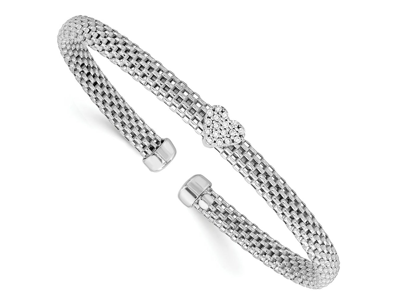 FJC Finejewelers 925 Sterling Silver Rhodium Plated Polished CZ Heart Mesh Cuff Bangle 4.9 mm