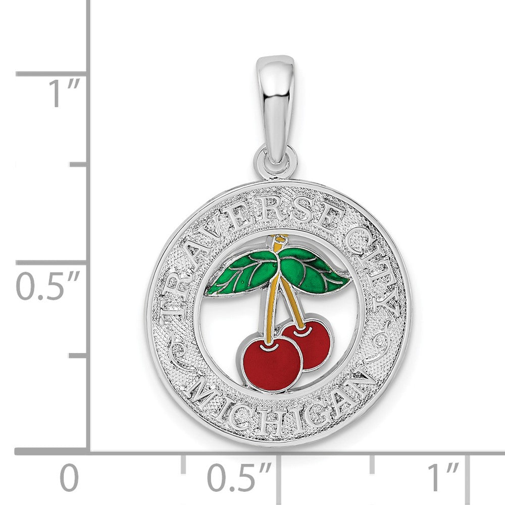 FJC Finejewelers 925 Sterling Silver Rhodium Plated Enamel Traverse City MI with Cherry Charm 26 x 18 mm