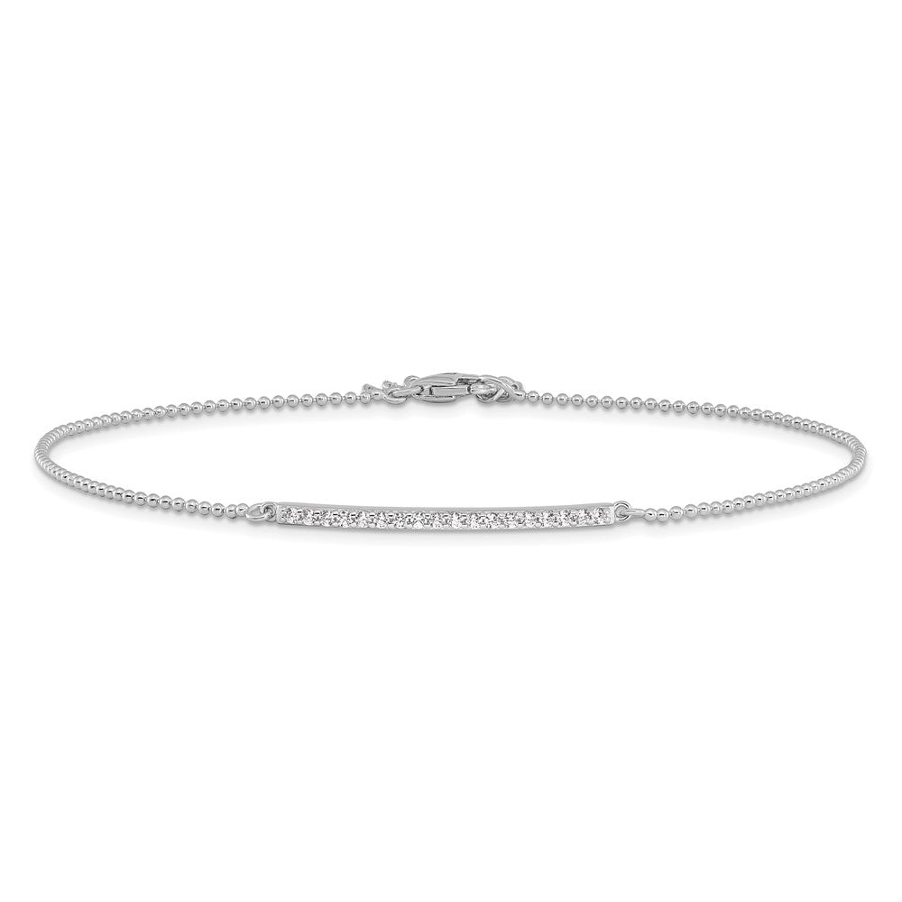 Cheryl M 925 Sterling Silver Ball Rhodium Plated CZ Bar with 1 inch ext Anklet 10 Inches x 1 mm