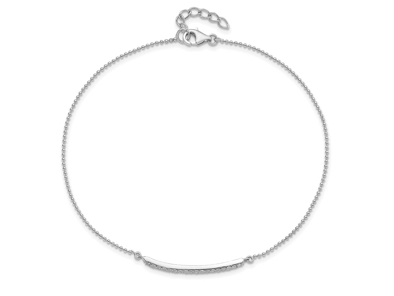 Cheryl M 925 Sterling Silver Ball Rhodium Plated CZ Bar with 1 inch ext Anklet 10 Inches x 1 mm