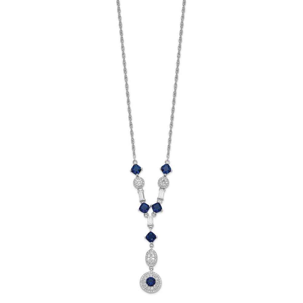 Cheryl M 925 Sterling Silver Cable Rhodium Plated Blue Glass and CZ Y-Drop Necklace 18 Inches x 9 mm