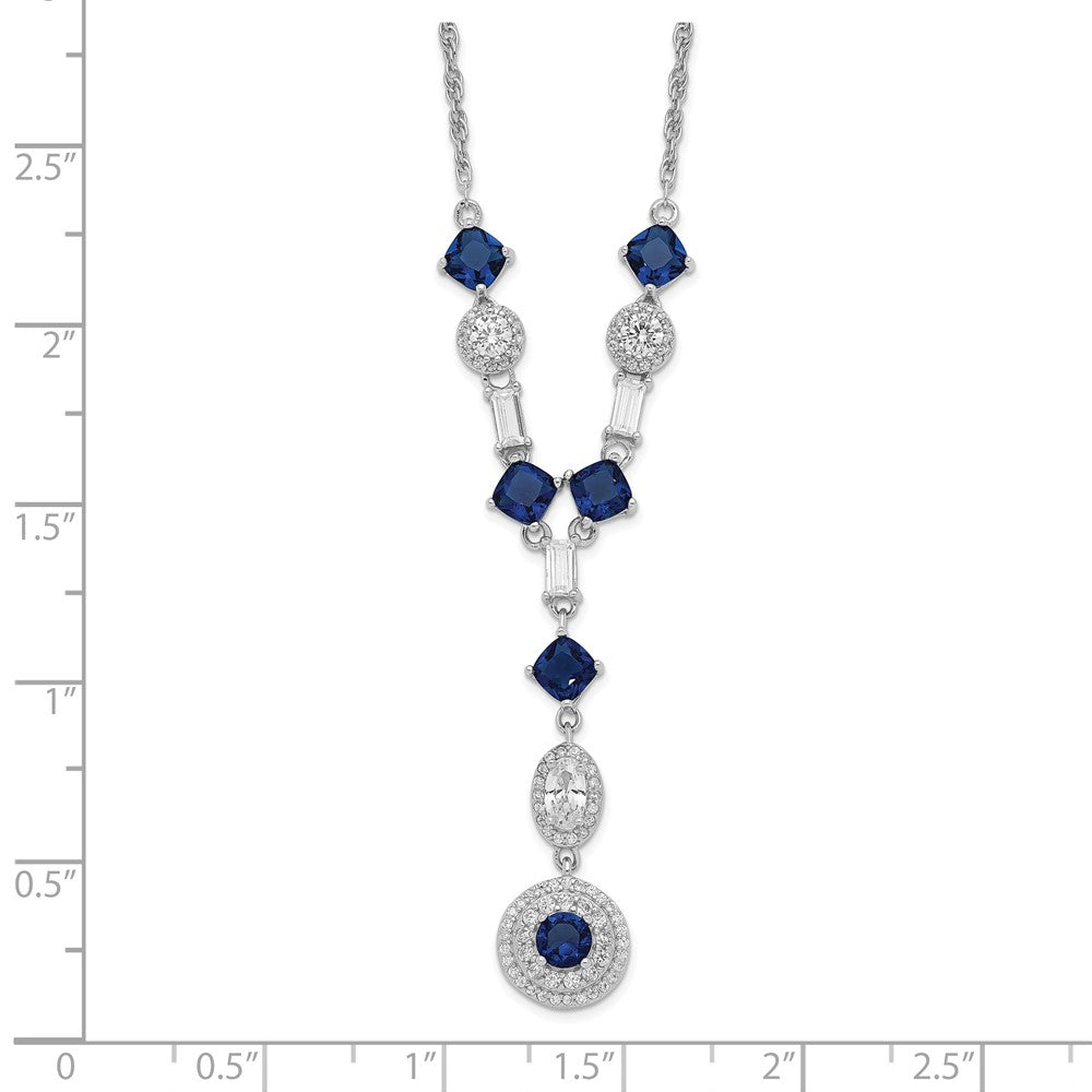 Cheryl M 925 Sterling Silver Cable Rhodium Plated Blue Glass and CZ Y-Drop Necklace 18 Inches x 9 mm