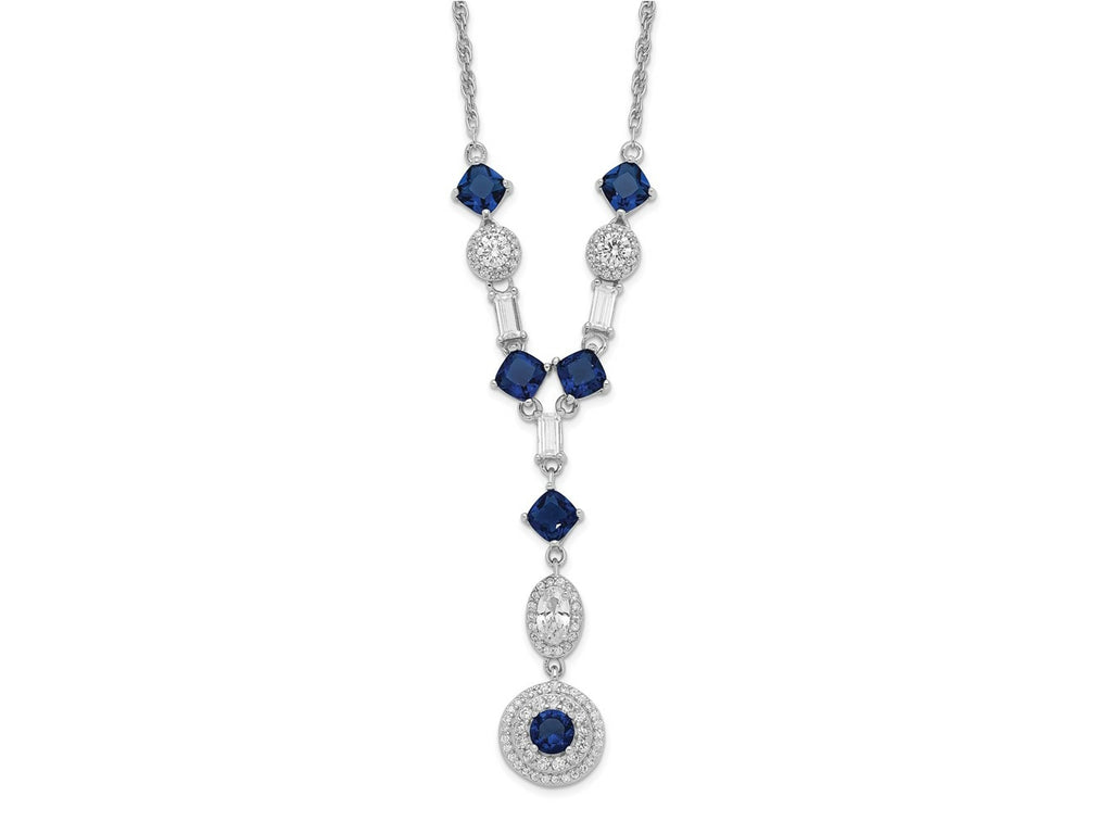 Cheryl M 925 Sterling Silver Cable Rhodium Plated Blue Glass and CZ Y-Drop Necklace 18 Inches x 9 mm