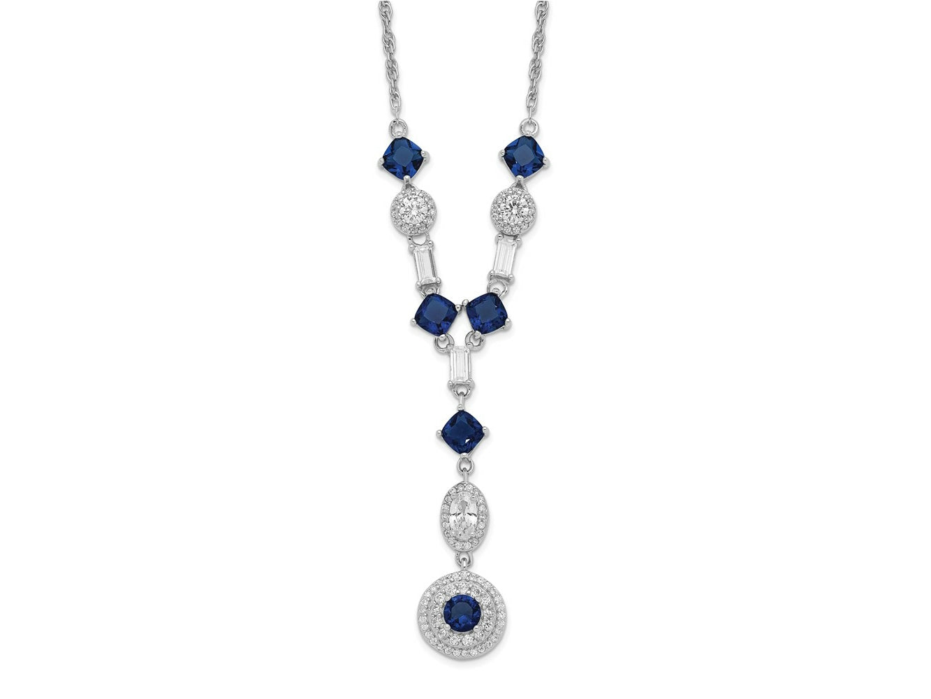 Cheryl M 925 Sterling Silver Cable Rhodium Plated Blue Glass and CZ Y-Drop Necklace 18 Inches x 9 mm