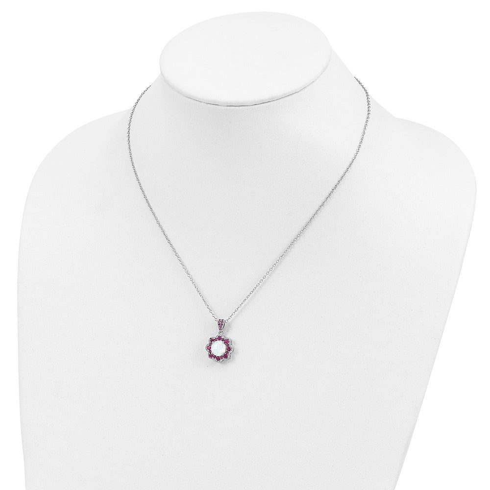 Cheryl M 925 Sterling Silver Created Opal and Red Nano Crystal Flower Necklace 18 Inches x 14 mm