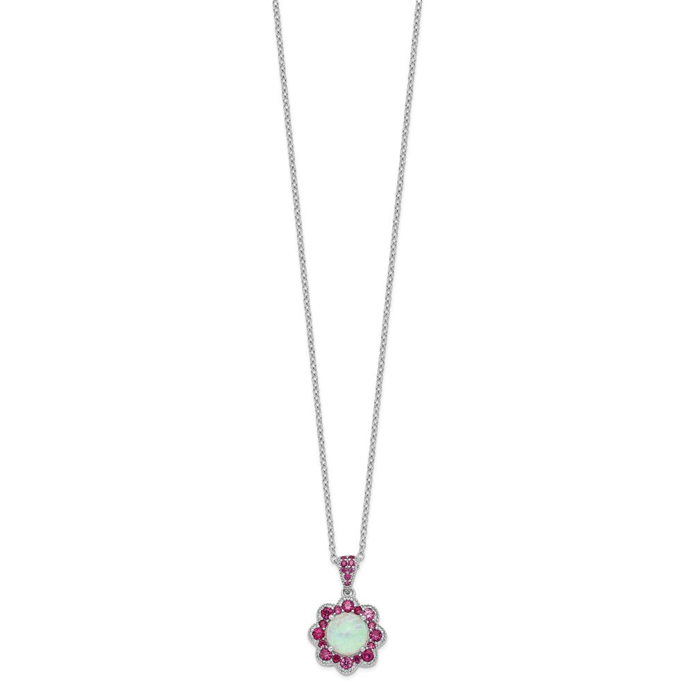 Cheryl M 925 Sterling Silver Created Opal and Red Nano Crystal Flower Necklace 18 Inches x 14 mm