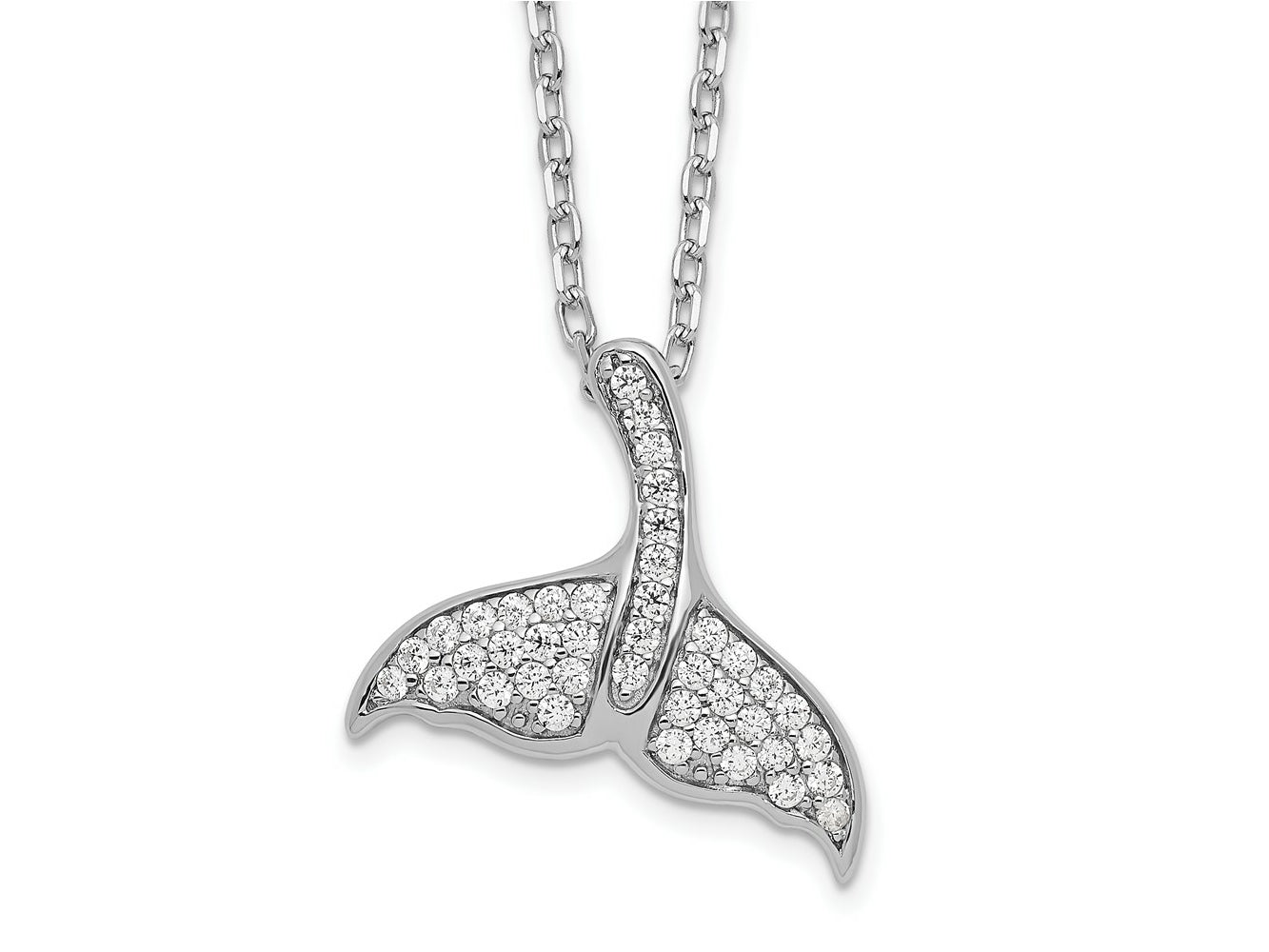 Cheryl M 925 Sterling Silver Rhod-pltd CZ Whale Tail with 2in ext Necklace 18 Inches x 16 mm