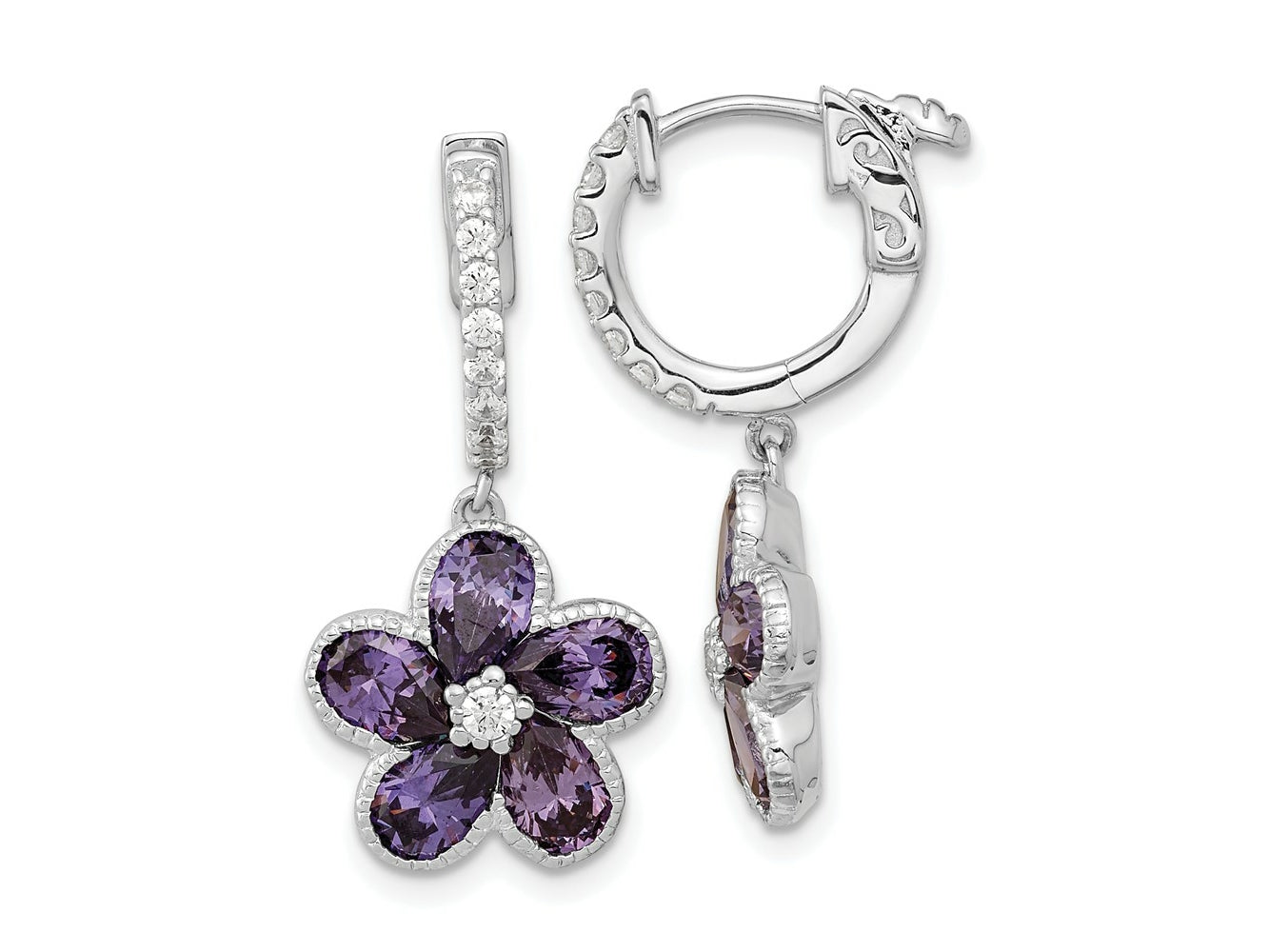FJC Finejewelers 925 Sterling Silver Purple and White CZ Flower Hoop Dangle Earrings 27 mm x 13 mm