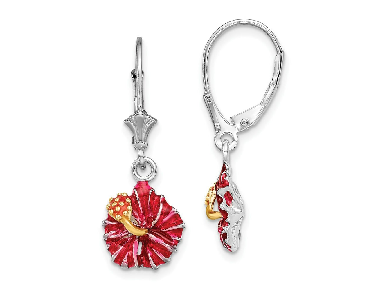 FJC Finejewelers 925 Sterling Silver Dangle Polished Enameled Red Hibiscus Leverback Earrings 30 x 11 mm