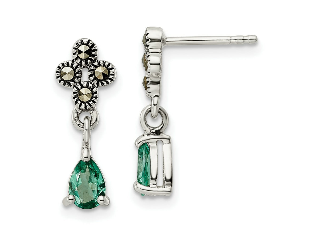 FJC Finejewelers 925 Sterling Silver Antiqued Marcasite and Cr. Green Quartz Post Dangle Earrings 18 x 6 mm
