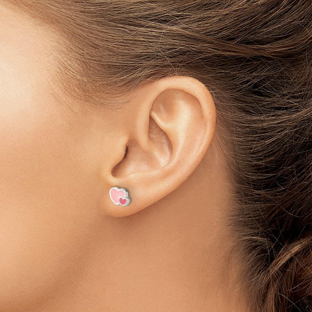 FJC Finejewelers 925 Sterling Silver Button  Pink Enamel Double Heart Post Earrings 6 x 9 mm