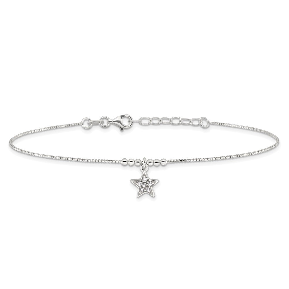 FJC Finejewelers 925 Sterling Silver Box CZ Star and Beads 9in Plus 1in Ext. Anklet 10 Inches x 10 mm