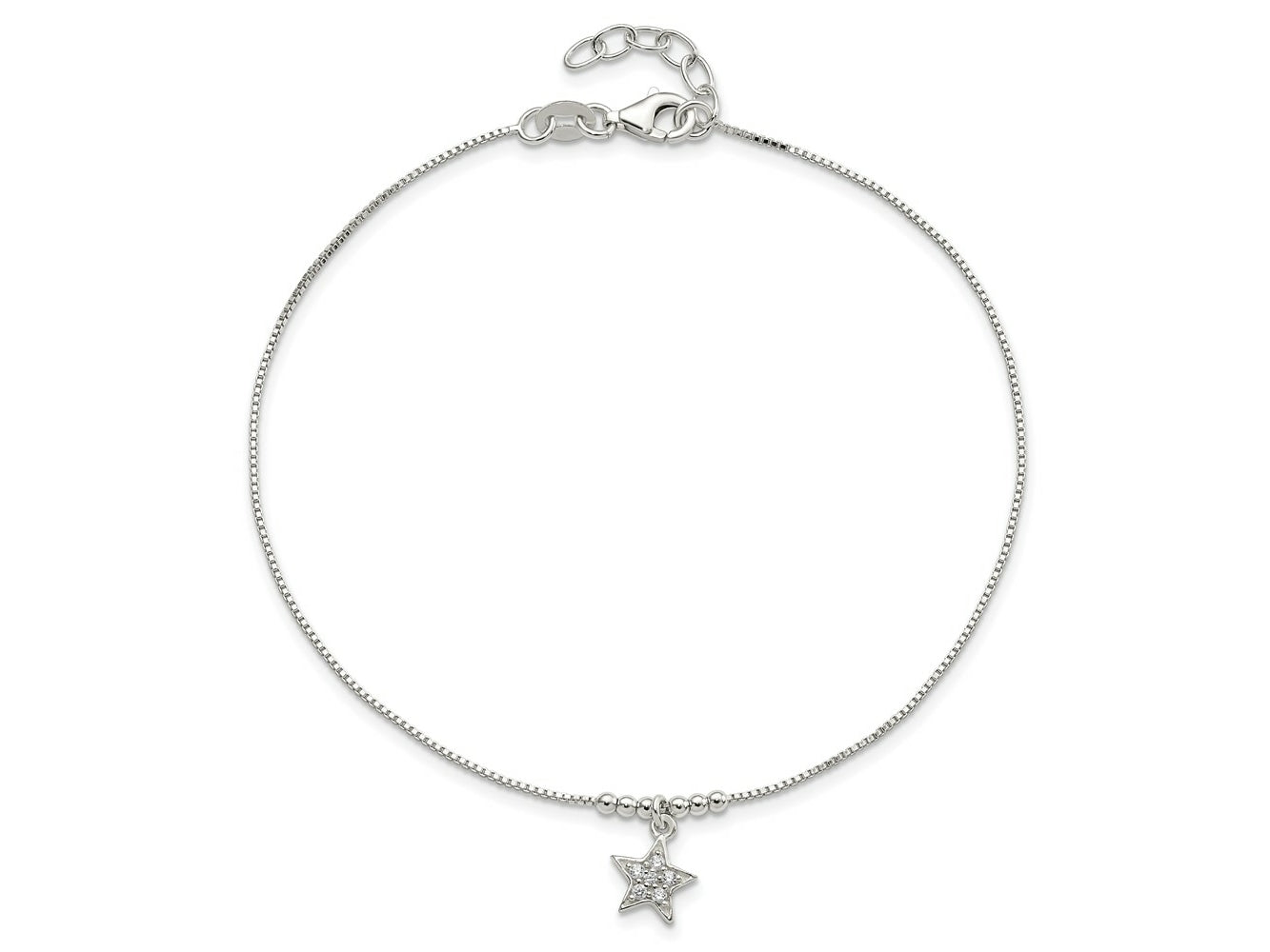 FJC Finejewelers 925 Sterling Silver Box CZ Star and Beads 9in Plus 1in Ext. Anklet 10 Inches x 10 mm