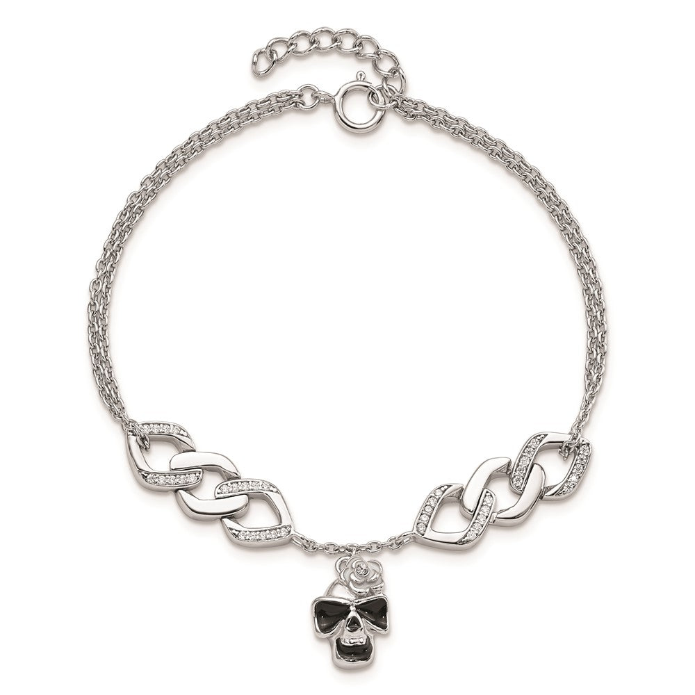 FJC Finejewelers 925 Sterling Silver Cable  CZ Enamel Skull with Flower 6.5in with 1in ext Bracelet 6.5 Inches x 8.5 mm